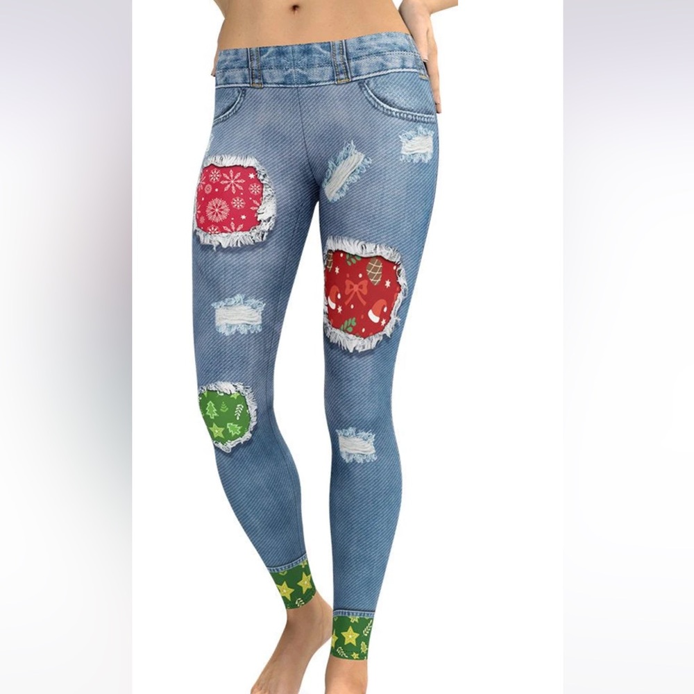 Holiday Patchwork Print Women’s Leggings - Blue